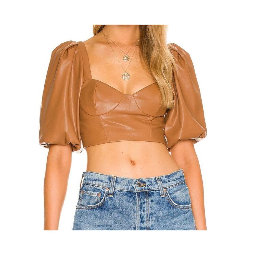 Majorelle Pastel Brown Puffed Sleeves Faux Leather Bustier Crop Top Small